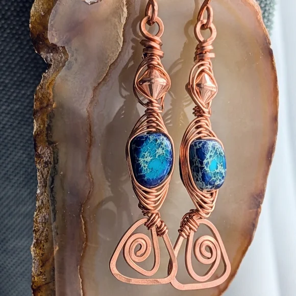 Eclectic Copper Earrings Vibrant Coastal Blue Jasper Artisan Crafted Jewelry - Picture 9 of 11